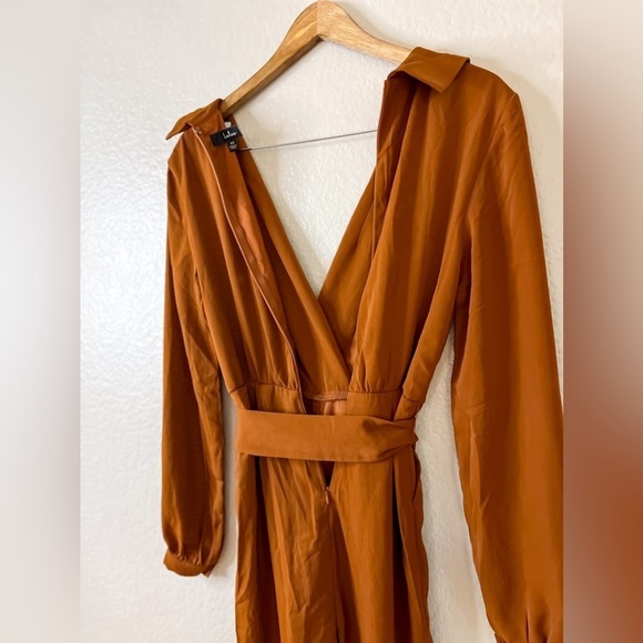 Sleek Impression Rust Brown Belted Collared Slim Leg Jumpsuit - Picture 8 of 9
